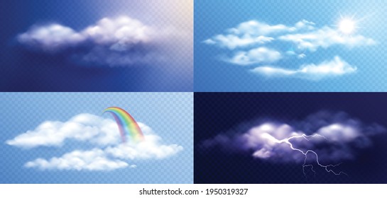 Clouds weather realistic set of four compositions with views of sky with clouds on transparent backgrounds vector illustration