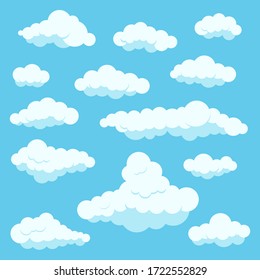 Clouds white color icon set isolated on blue heaven background. Cartoon cute fluffy clouds collection for sky scene and backgrounds. Flat design clip art vector illustration.