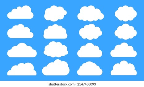 Clouds white icon flat set. Cloudscape sky weather symbol. Heaven sign isolated on blue background. Different shapes climate pictogram. Cloud web site app logo design. Vector illustration