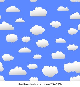  Clouds. White clouds pattern, blue background. Seamless pattern.