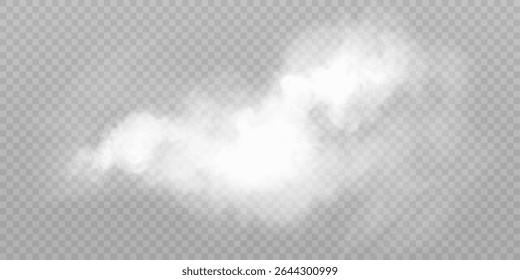 Clouds of white smoke or steam with realistic texture on transparent background. Vector smoke to simulate fog, cold breath, magic effect or explosion.