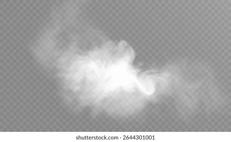 Clouds of white smoke or steam with realistic texture on transparent background. Vector smoke to simulate fog, cold breath, magic effect or explosion.