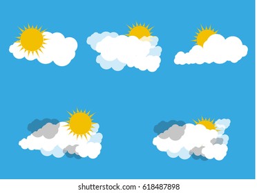 Clouds of white with the sun on a blue background. Collection of sky-facing the sun.Good Sunny weather.vector illustration.set.