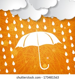 clouds with white umbrella and rain drops on orange triangular striped background