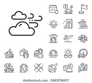 Nubes con señal de viento. Avión jet, mapa de viaje e iconos de contorno de Reclamo de equipaje. Icono de línea de Clima ventoso. Símbolo del cielo. Signo de línea de Clima ventoso. Alquiler de coches, icono de transporte de taxi. Lugar ubicación. Vector