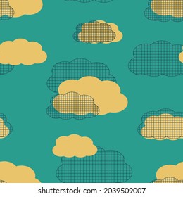 Nubes amarillo pastel y cuadros en un fondo azul. Decoración moderna y sin inconvenientes para tejidos de moda y almohadas decorativas. Vector.