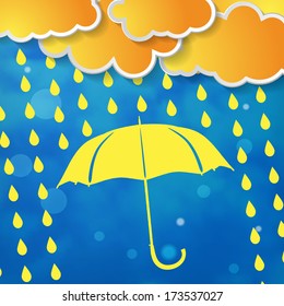 clouds with yellow umbrella and rain drops on a blue background