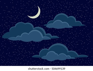 Cloudscape Background, Cumulus Clouds, White Stars and Light Moon on Dark Blue Night Sky. Vector