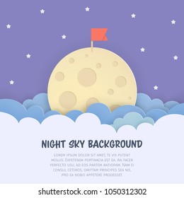 Cloudscape background with the flag on the Moon. Scenery sky background with clouds, full moon, and stars. Paper art style. Vector Illustration. 