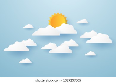 Cloudscape , blue sky with cloud and sun , paper art style