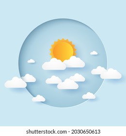 Cloudscape, blue sky with cloud and sun in circular frame, paper art style