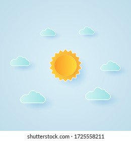 Cloudscape, blue sky with clouds and bright sun, paper art style