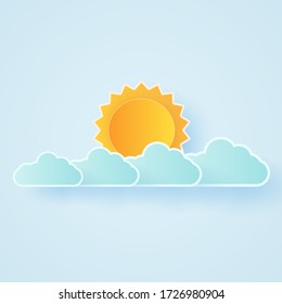 Cloudscape, blue sky with clouds and bright sun, paper art style