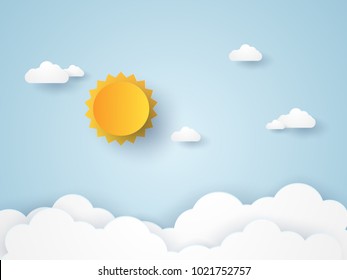 Cloudscape , Blue Sky With Clouds And Sun , Paper Art Style