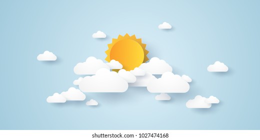 Cloudscape , Blue Sky With Clouds And Sun , Paper Art Style