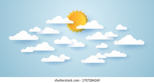 Cloudscape, blue sky with clouds and sun, paper art style