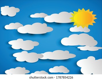 Cloudscape , blue sky with clouds and sun , paper art style
