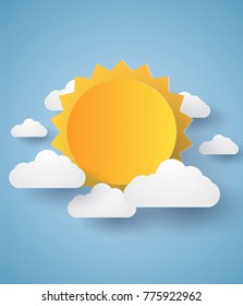 Cloudscape , blue sky with clouds and sun , paper art style