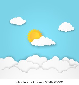 Cloudscape, clouds and sun with blue sky background, paper art style. Vector illustration