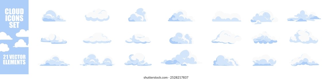 Cloudscape in flat style. Cartoon white clouds icon set isolated on transparent background. Fluffy clouds silhouettes. Collection of various forms and contours