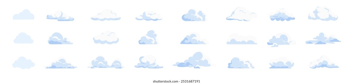 Cloudscape in flat style. Cartoon white clouds icon set isolated on transparent background. Fluffy clouds silhouettes. Collection of various forms and contours