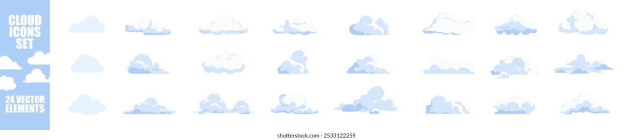 Cloudscape in flat style. Cartoon white clouds icon set isolated on transparent background. Fluffy clouds silhouettes. Collection of various forms and contours