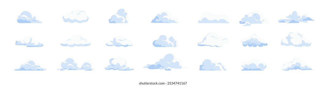 Cloudscape in flat style. Cartoon white clouds icon set isolated on transparent background. Fluffy clouds silhouettes. Collection of various forms and contours