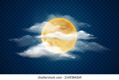 Cloudscape with full yellow moon glowing at dark sky. Vector flat cartoon with transparent background. Bright celestial body astronomy and astrology. Romantic and spooky landscape scenery