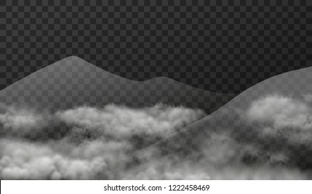 Cloudscape with mountains in mist isolated on transparent background. Vector texture illustration of realistic landscape with smoky clouds effect.