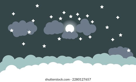 Cloudscape at night with full moon, vector.
Full moon, stars, and clouds on the midnight sky background. 
Night sky with clouds (isolated copyspace), stars and moon.