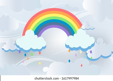 cloudscape  and rainbow ,sky background with rain,greeting card, poster, children's room decor, background