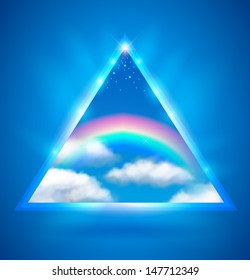 Cloudscape with rainbow in triangle shape shining background - vector illustration