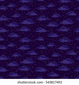 Cloudscape Seamless Background, Cumulus Clouds and White Stars and Snowflakes on Dark Blue Night Sky. Vector