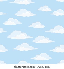 Cloudscape seamless background, white clouds on blue sky. Vector