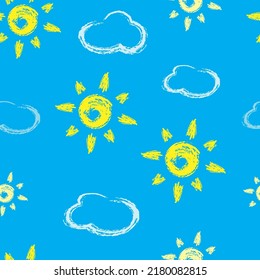Cloudscape seamless pattern. Clouds and sun doodle drawing on blue background. Kids chalk Vector illustration.