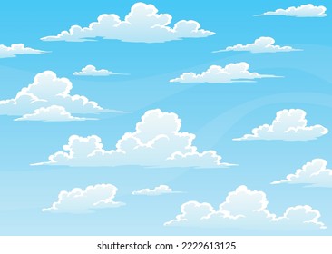 Cloudscape sky cartoon background. Light blue daytime sky with white fluffy clouds. Heaven with bright weather, summer season outdoor scene. Vector illustration