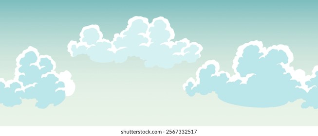 Cloudscape sky cartoon background. Light blue daytime sky with white fluffy clouds. Vector illustration