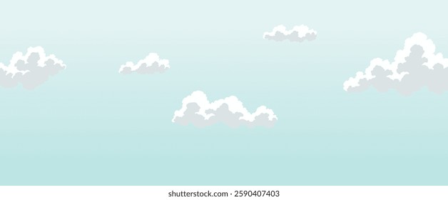 Cloudscape sky cartoon background. Light blue daytime sky with white fluffy clouds. Heaven with bright weather, outdoor scene. Vector illustration