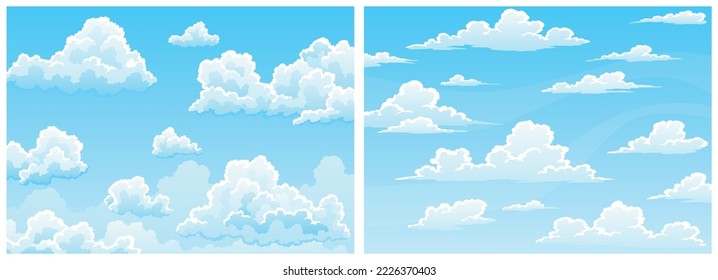 Cloudscape sky cartoon background set . Light blue daytime sky with white fluffy clouds. Heaven with bright weather, summer season outdoor scene. Vector illustration