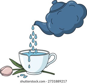 a cloud-shaped blue teapot pouring raindrops into a white teacup with a pink tulip. Perfect for mental health, mindfulness, wellness branding, self-care graphics, planners, or digital stickers.
