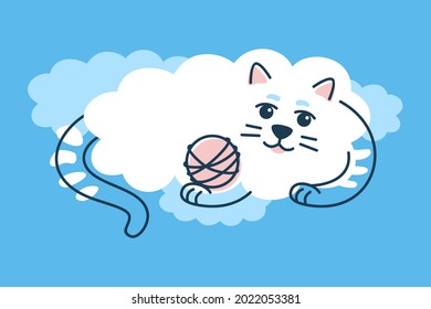 Un gato en forma de nube yace sobre una nube azul, mirando un tinte de hilo. Títere con un fondo azul. Ilustración vectorial plana.