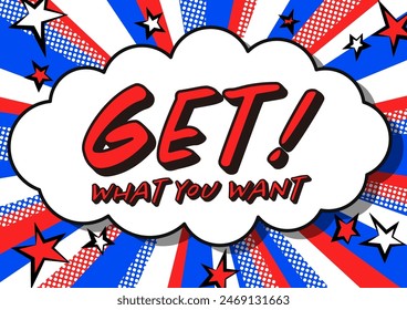 Cloud-shaped speech bubbles and fun American comic book style characters. A background illustration with stars flying around in a radiation pattern.