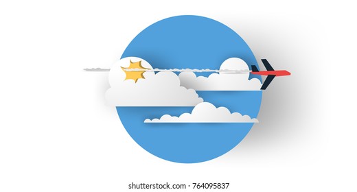 Clouds,mountains,sky and airplane background.Paper and craft art