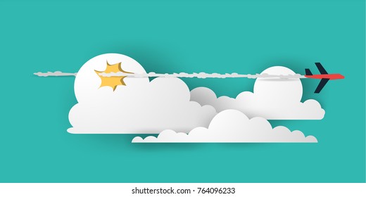 Clouds,mountains,sky and airplane background.Paper and craft art