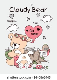 cloudy bear heart design print vector