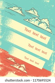 Cloudy blue sky background with white space for text.Vector vintage poster on old paper texture