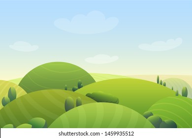 Cloudy blue sky over green hills and green trees in meadow cartoon cute vector illustration landscape.