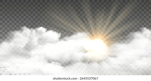 Cloudy border with sunny rays, realistic sunny cloudy sky. Vector glow light effect with cloud, smoke, fog. Sunlight cloud texture transparent background