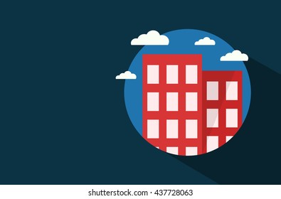 Cloudy city skyscrapers round vector icon.