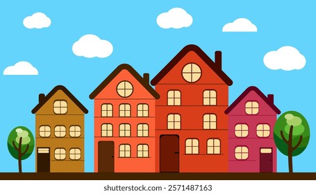 cloudy clear sky and houses with trees, vector illustration